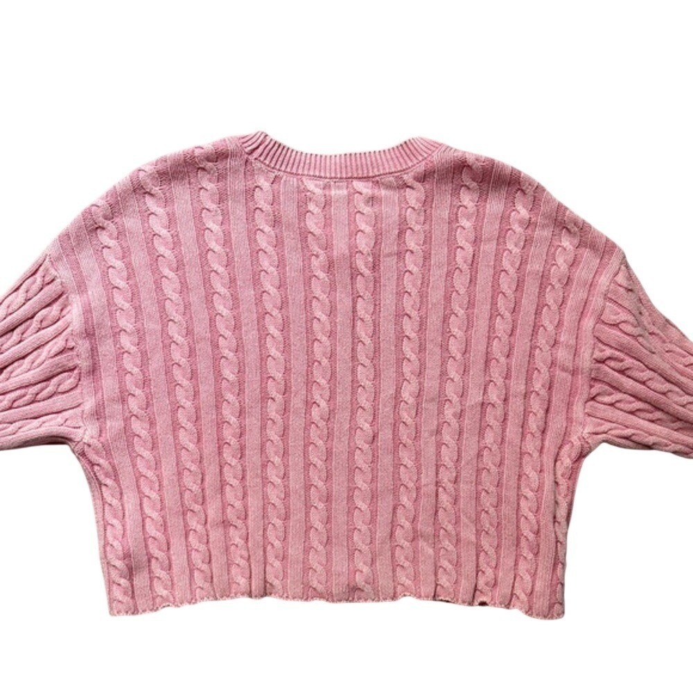 Aerie Cotton Pink Cable Knit Cropped Sweater L Barbiecore Coquette Clean Girl - Picture 3 of 8